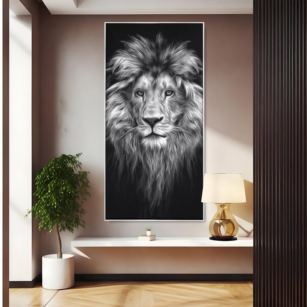 Tablou canvas cu tablou canvas cu leu alb negru, in rama de aluminiu argintiu